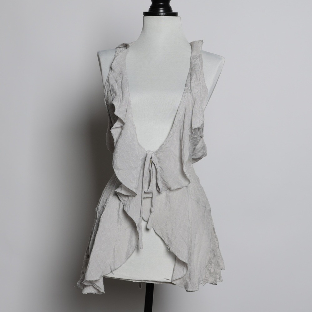 Y2K Fairycore Rue 21 Sheer Gray Lace Ruffle Tie Front Vest Top Women's Medium